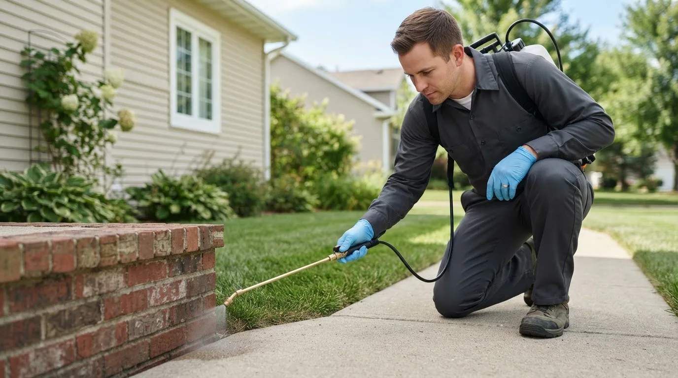 Pest control technician treating a home near Prescott, KS